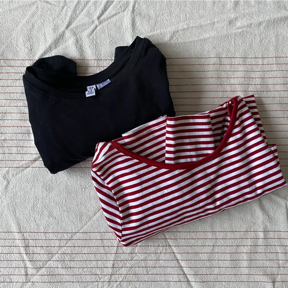 Set of 2: Black and Red Striped basic long sleeve tops stretchy form fitting XS - Picture 1 of 14